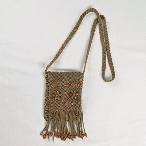 VTG Tan Orange Floral Bohemian Beaded Fringe Crochet Crossbody Bag